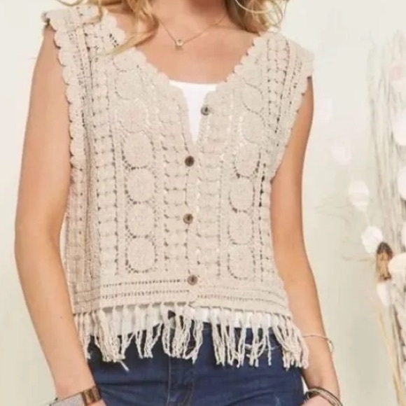 Rebellion Jackets & Blazers - Rebellion Beige Crochet Fringe Button Vest
